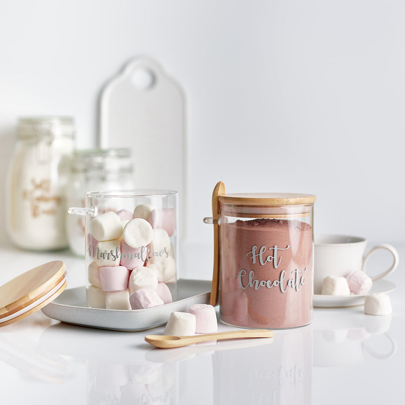 Two 0.8 Litre glass jars with bamboo lid and spoon personalised grey wording for hot chocolate and marshmallows