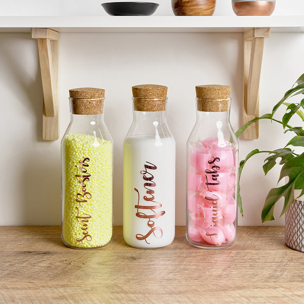 Glass storage bottle with cork stopper and custom personalised wording, for Scent Boosters, Softener and Liquid Tabs