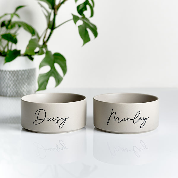 Mrs Hinch official supplier. Custom personalised ceramic dog bowls with names with black wording