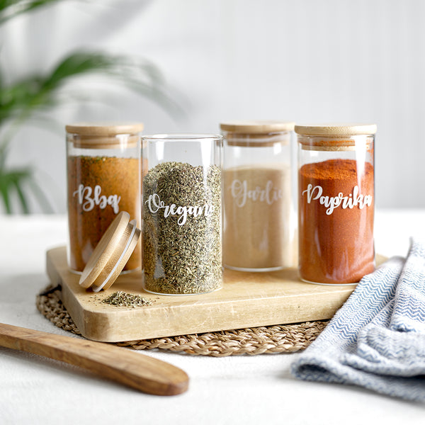 Glass spice jars with custom personalised wording and bamboo airtight sealed lids