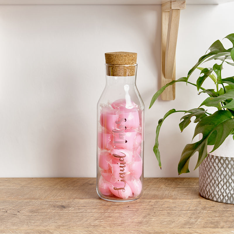 Glass storage bottle with cork stopper and custom personalised wording for Liquid Tabs