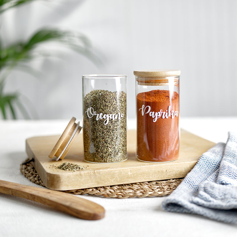  Glass jars with bamboo airtight lids with labels for herbs and spices