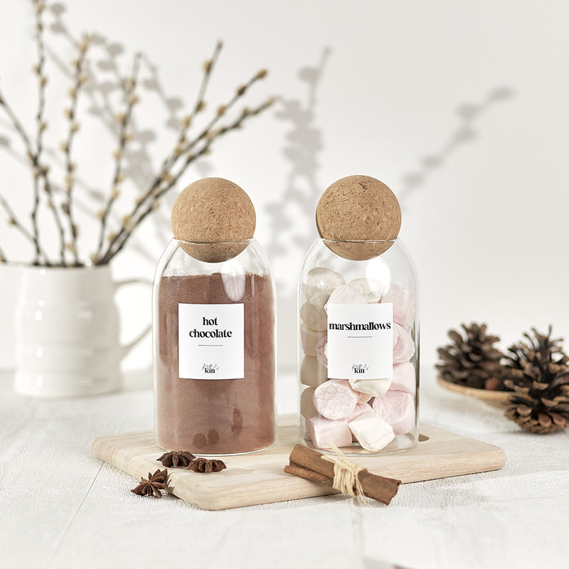 set of hot chocolate and marshmallow glass and cork jars