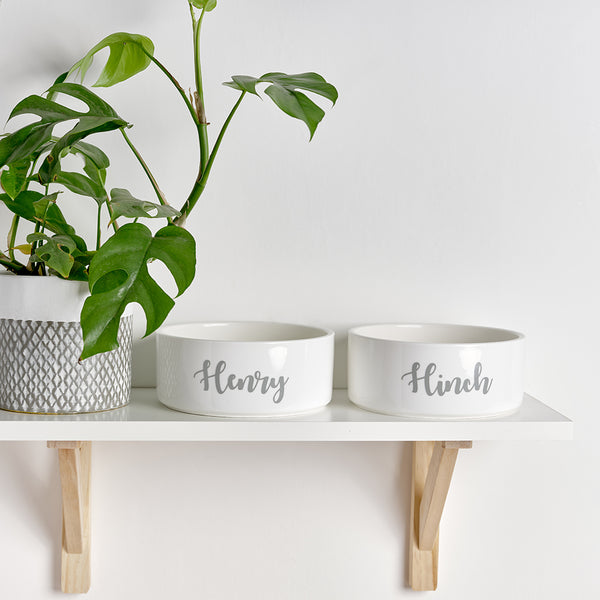 Official Mrs Hinch Supplier Two White Henry Hinch pet bowls with grey custom personalised wording