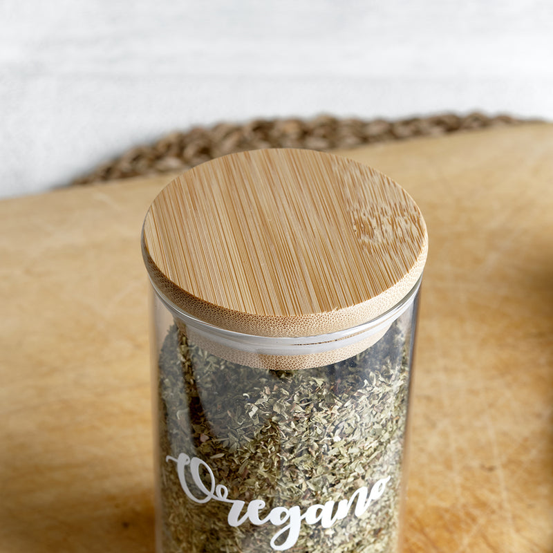 Glass spice jars with custom personalised wording and bamboo airtight sealed lids