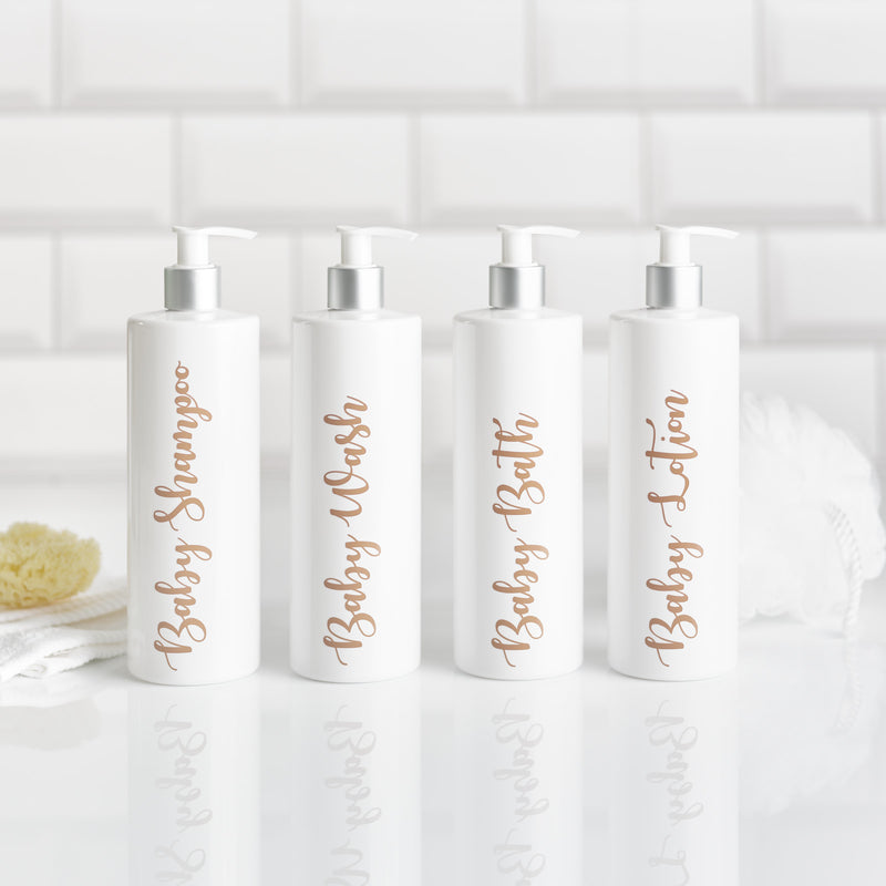 Set of 4 white dispenser bottles with matte silver lid with customisable beige wording for baby shampoo baby wash baby bath and baby lotion