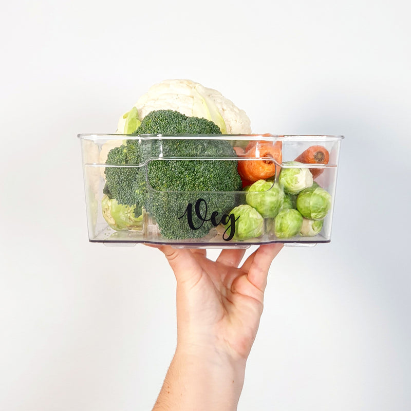 Clear Plastic Fridge Storage Container with custom personalised wording, saying "veg" and filled with vegetables