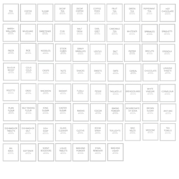 Bundle of 153 white waterproof square labels for organising with various wordings such as pantry, baking, bathroom and cleaning