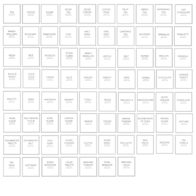 Bundle of 153 white waterproof square labels for organising with various wordings such as pantry, baking, bathroom and cleaning
