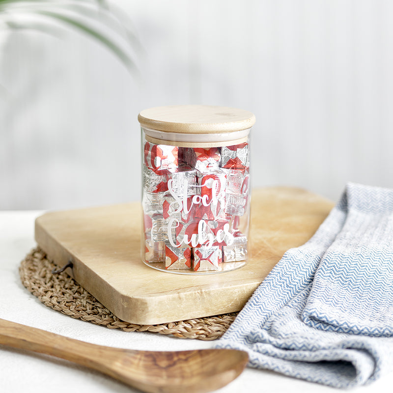  A labelled glass jar with bamboo airtight lids and custom personalised wording for Stock Cubes
