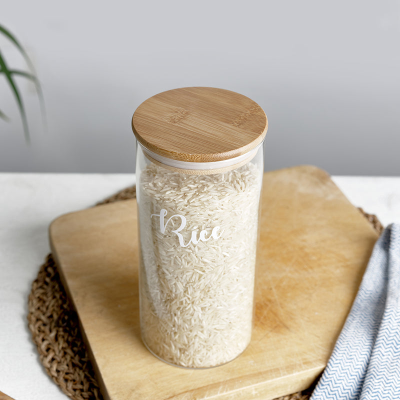 A labelled glass jar with bamboo airtight lids and custom personalised wording for Rice