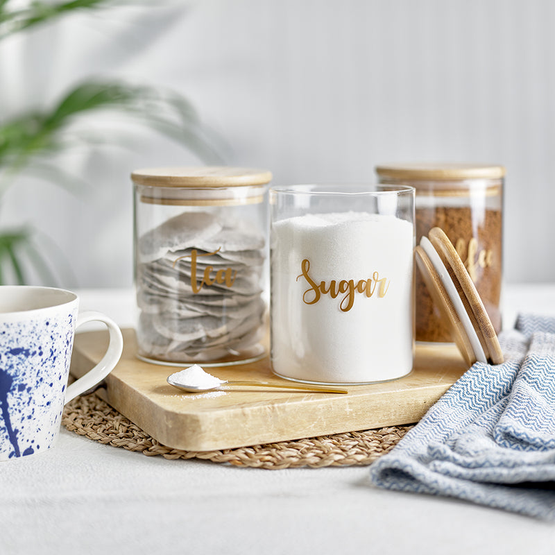  Glass jars with bamboo airtight lids with labels for Tea, Coffee and Sugar