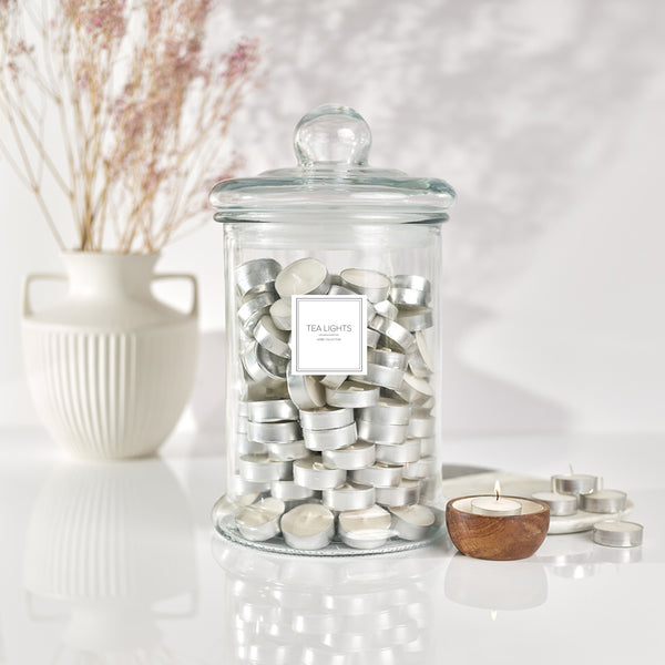 5L Tea Light Glass Storage Jar with Contemporary waterproof label. Perfect statement piece for your home. Keep essential tea lights within reach