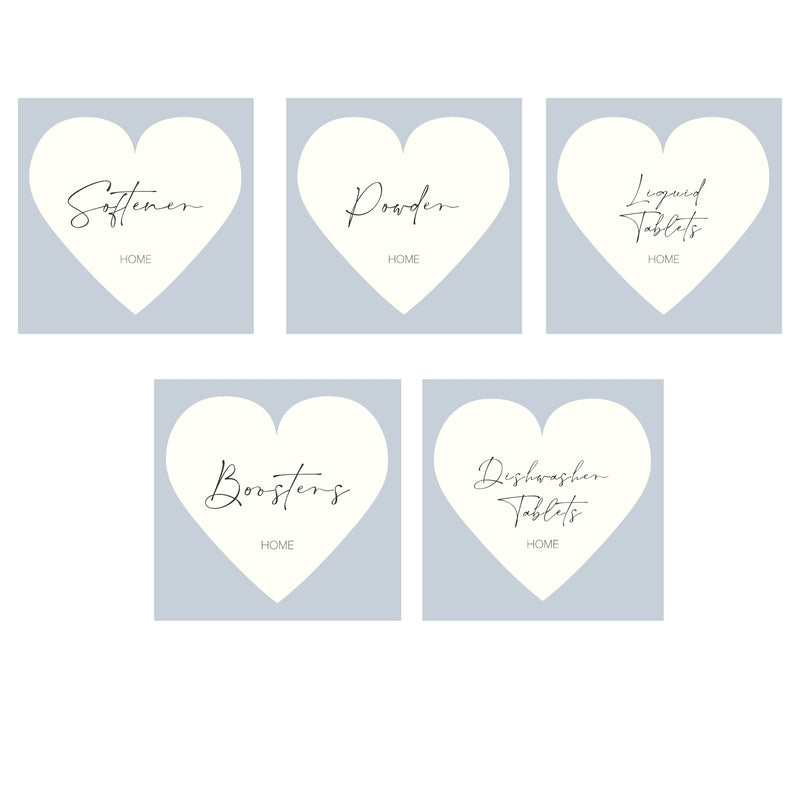 Square Love heart laundry labels with grey square back ground and cream large love heart central. with calligraphy text inside each love heart 