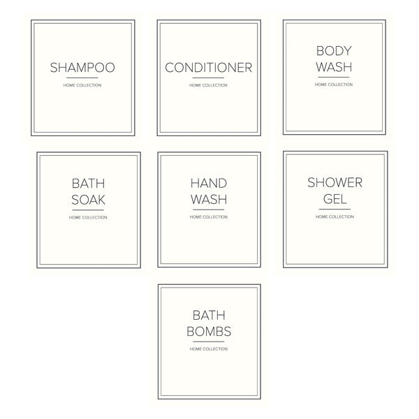 Square cream bathroom labels with individual wording written in capital thin font. Shampoo, Conditioner, Hand Wash, Body Wash, Bath Soak, Shower Gel and Bath Bombs