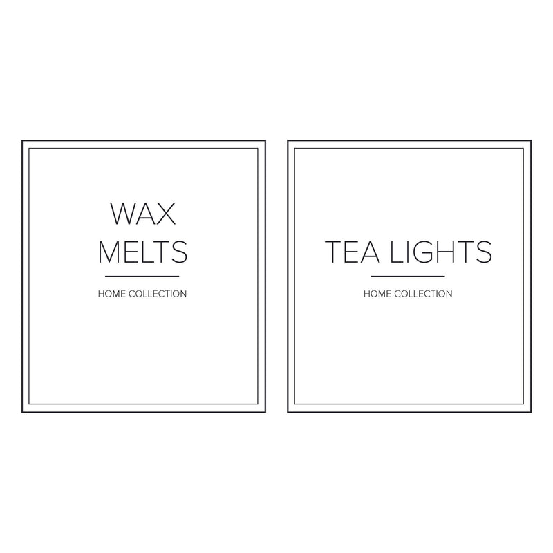 White waterproof wax melts and tea light organisation labels. Side by side on a white plain background