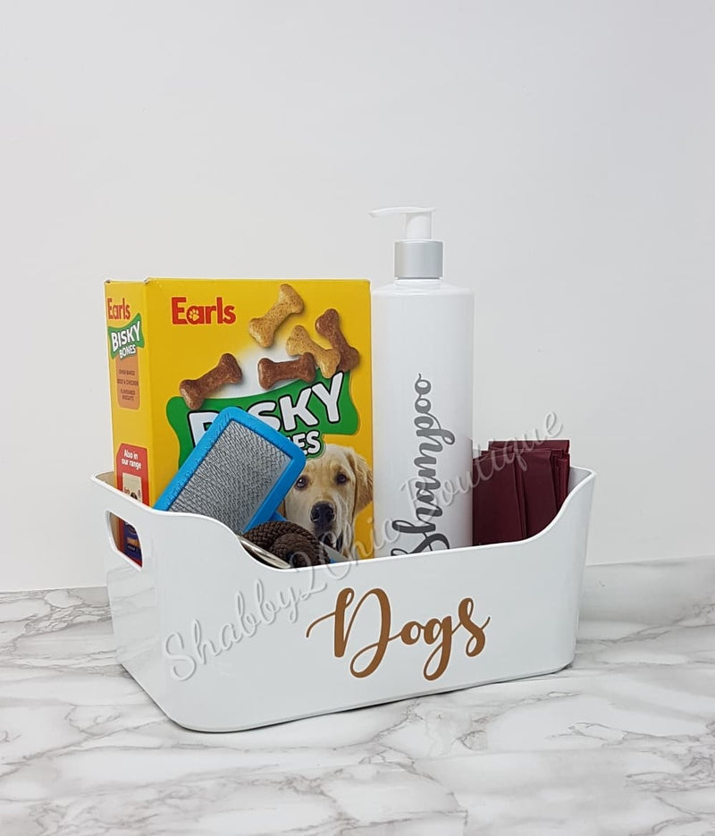 Plastic White Storage box with custom personalised wording on the front, great for organising your pet supplies